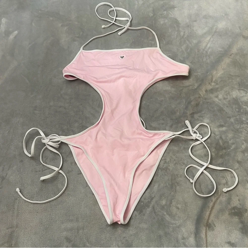 New! Frankie’s bikinis Amalia one piece monokini pink heart 24686